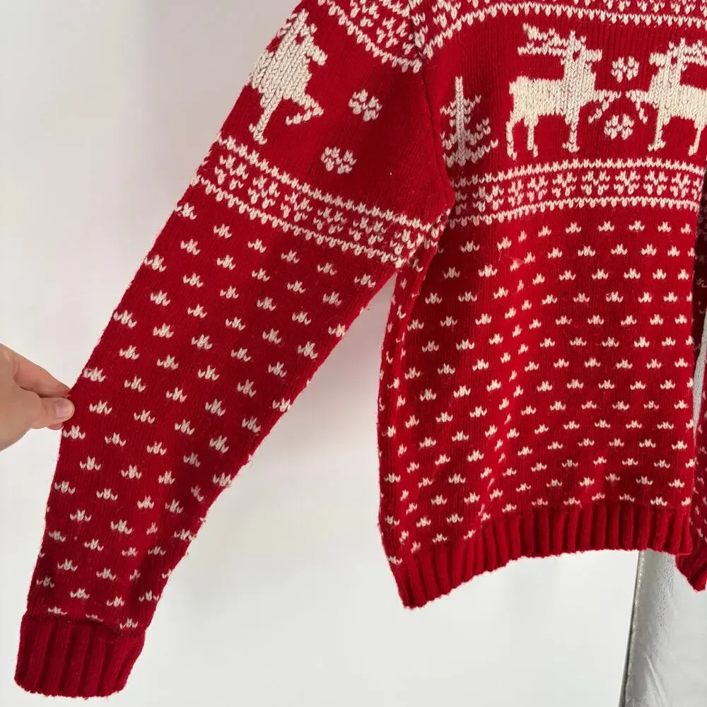 Vintage Aerodrille Nordic Fair Isle Reindeer Wool Blend Red Sweater, Womens XL